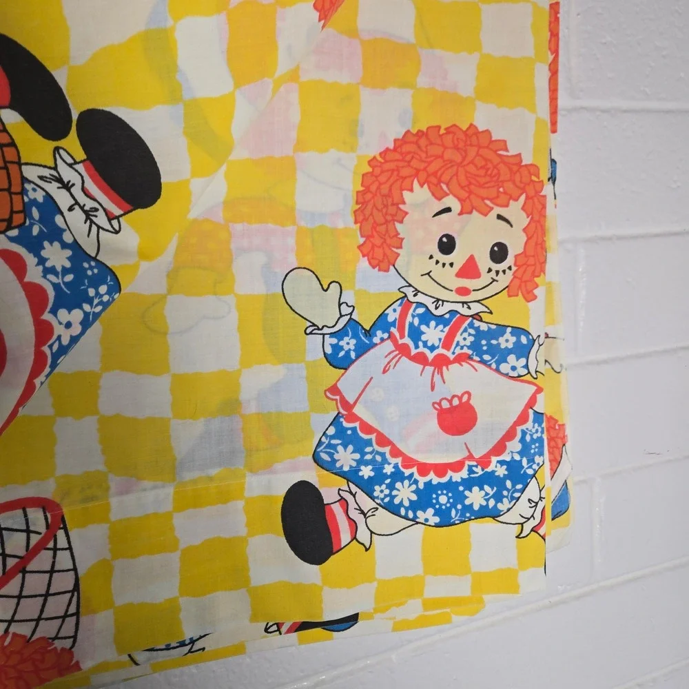 Vtg Bobbs-Merrill Raggedy Ann Andy Queen Flat Sheet Yellow Checkerboard 65x94